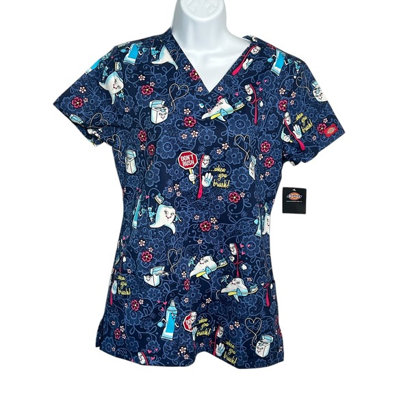 Dickies Dental Print‎ Scrub Top Medical Uniform XS Cartoon Tooth Dentist - Picture 1 of 4